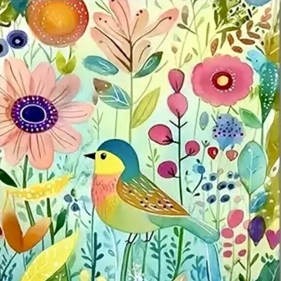 16x24 Bright Colors Whimsical Spring Flowers Bird Nature Floral Art Print New - Picture 2 of 3